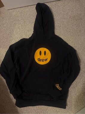 drew house Black Hoodie with Yellow Smiley Logo - Men's